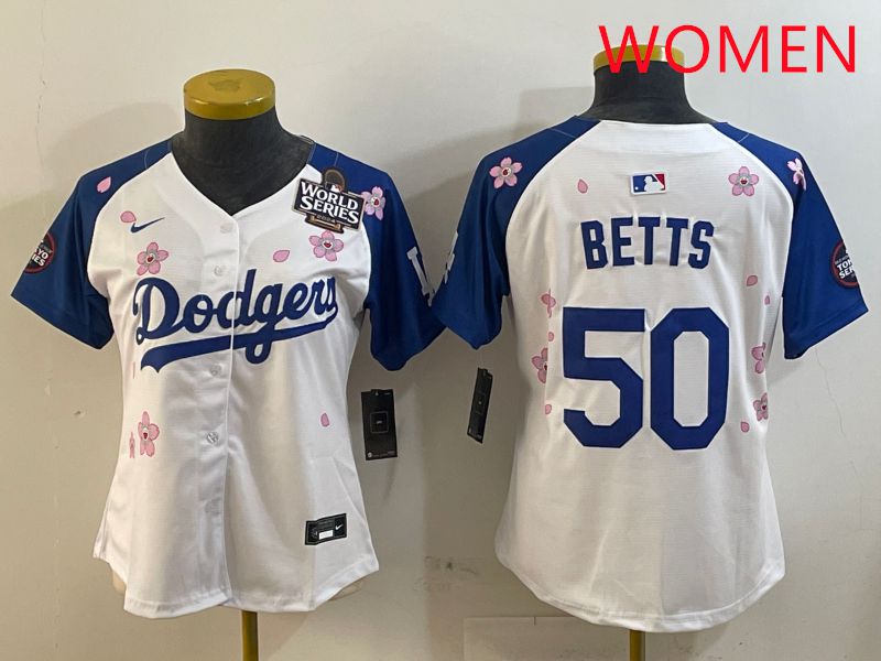 Women Los Angeles Dodgers #50 Betts White Blue Sakura Edition 2025 Nike MLB Jersey style 3
